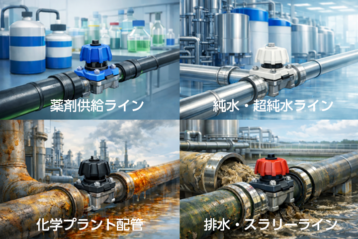 産業用ダイアフラムバルブが活用される場面の図