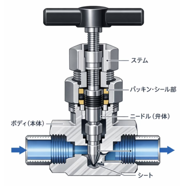 産業用ニードルバルブの構成図