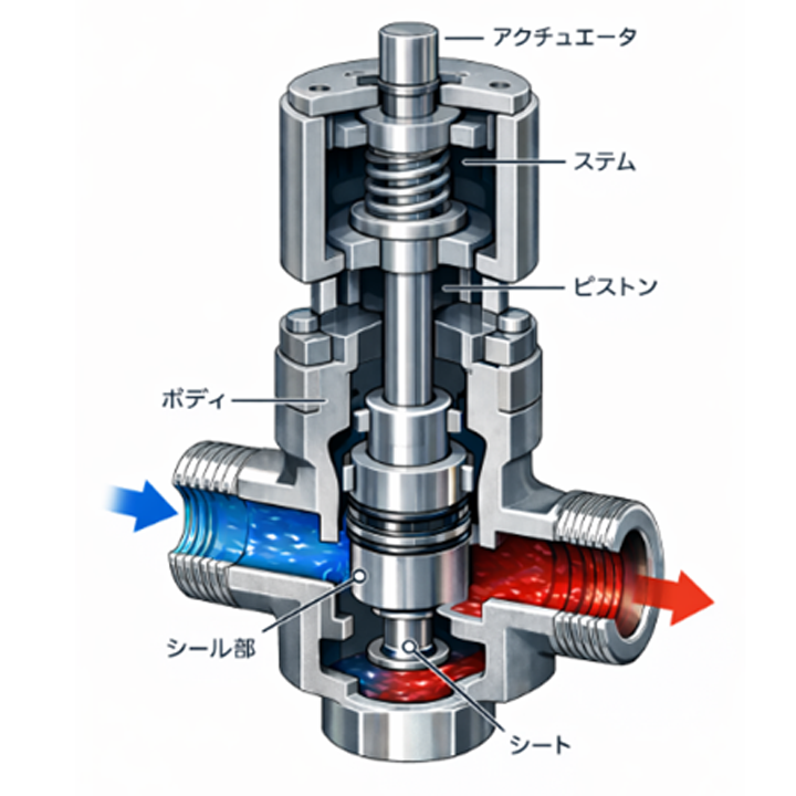 産業用ピストンバルブの構成図